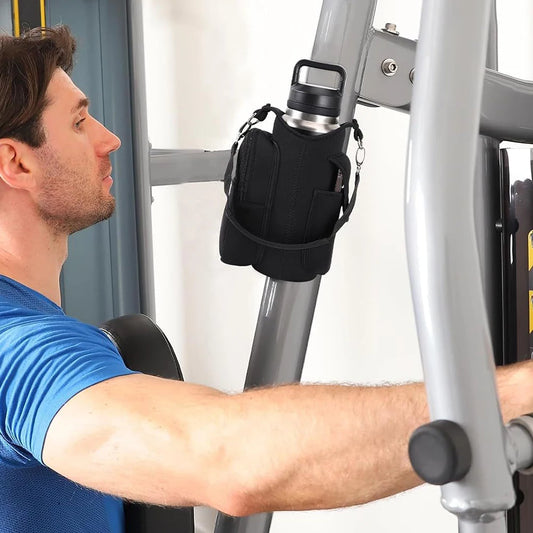 Close-up of secure magnetic closure system on gym water bottle carrier showing easy snap-shut design