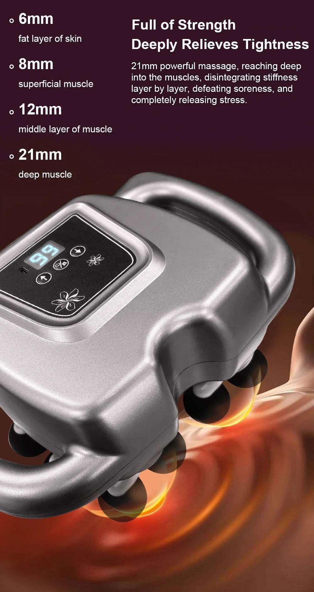 Digital LCD display showing intensity levels and battery life on professional massage gun control panel