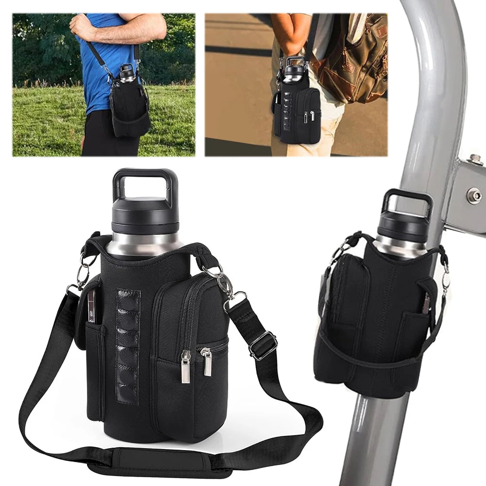 Magnetic gym water bottle bag with crossbody strap and multiple compartments for hands-free workout hydration