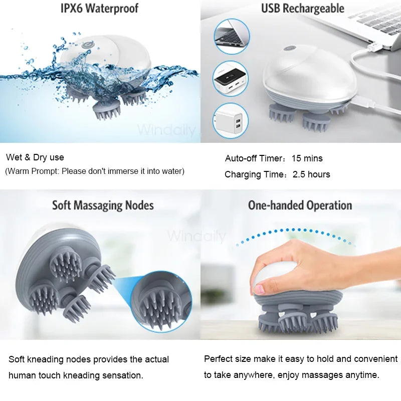 Electric scalp head massager with 4 massage heads for stress relief and relaxation