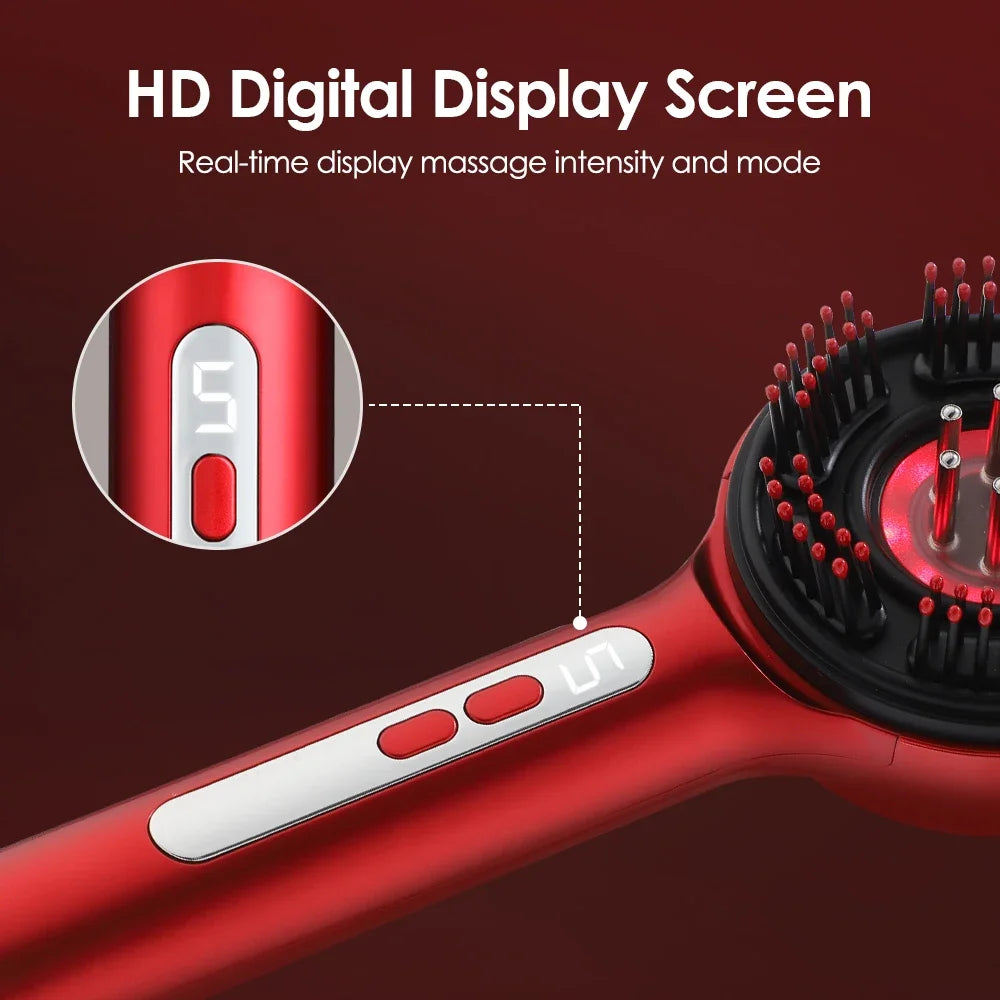 Electric scalp massage comb with LED light therapy, HD display, and 72 massage teeth for hair growth and relaxation