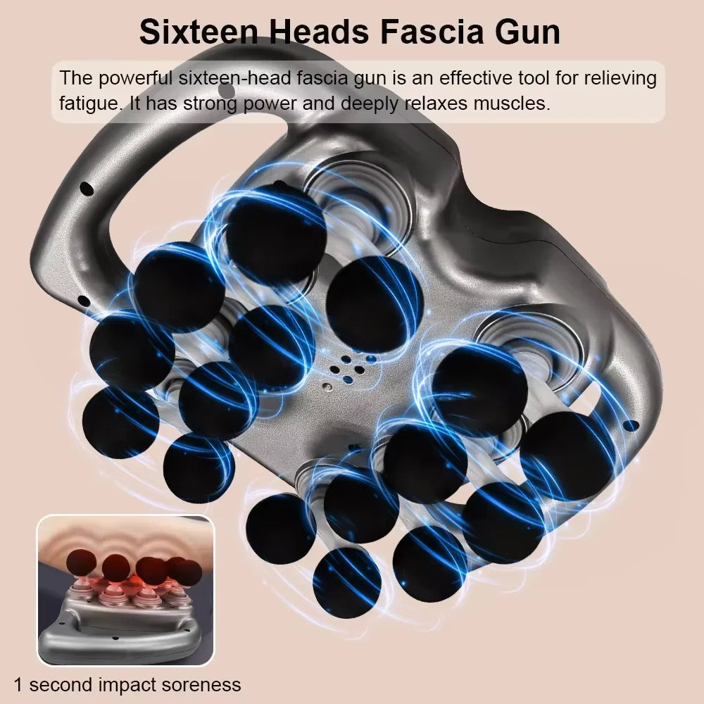 16 specialized massage heads for fascia gun including ball, bullet, flat, fork, and cushion attachments for targeted muscle therapy