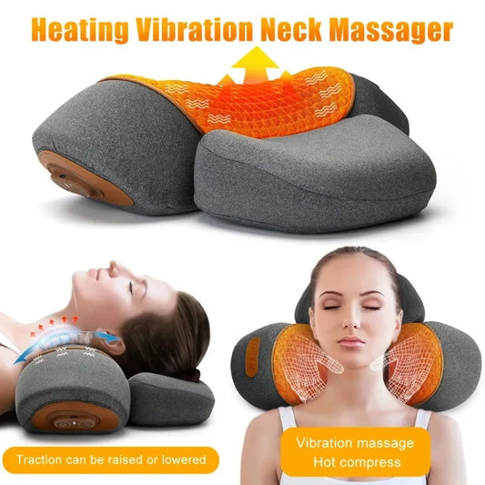 Heating vibration neck massager with people using it on a white background