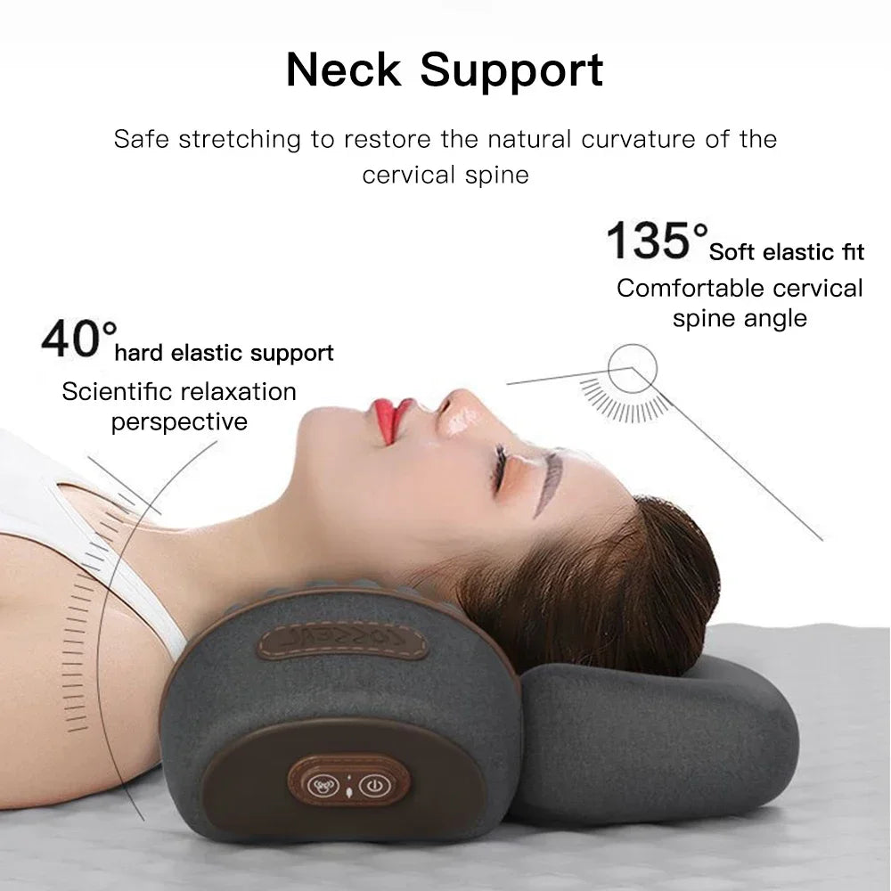 Neck support pillow with text explaining its benefits on a white background