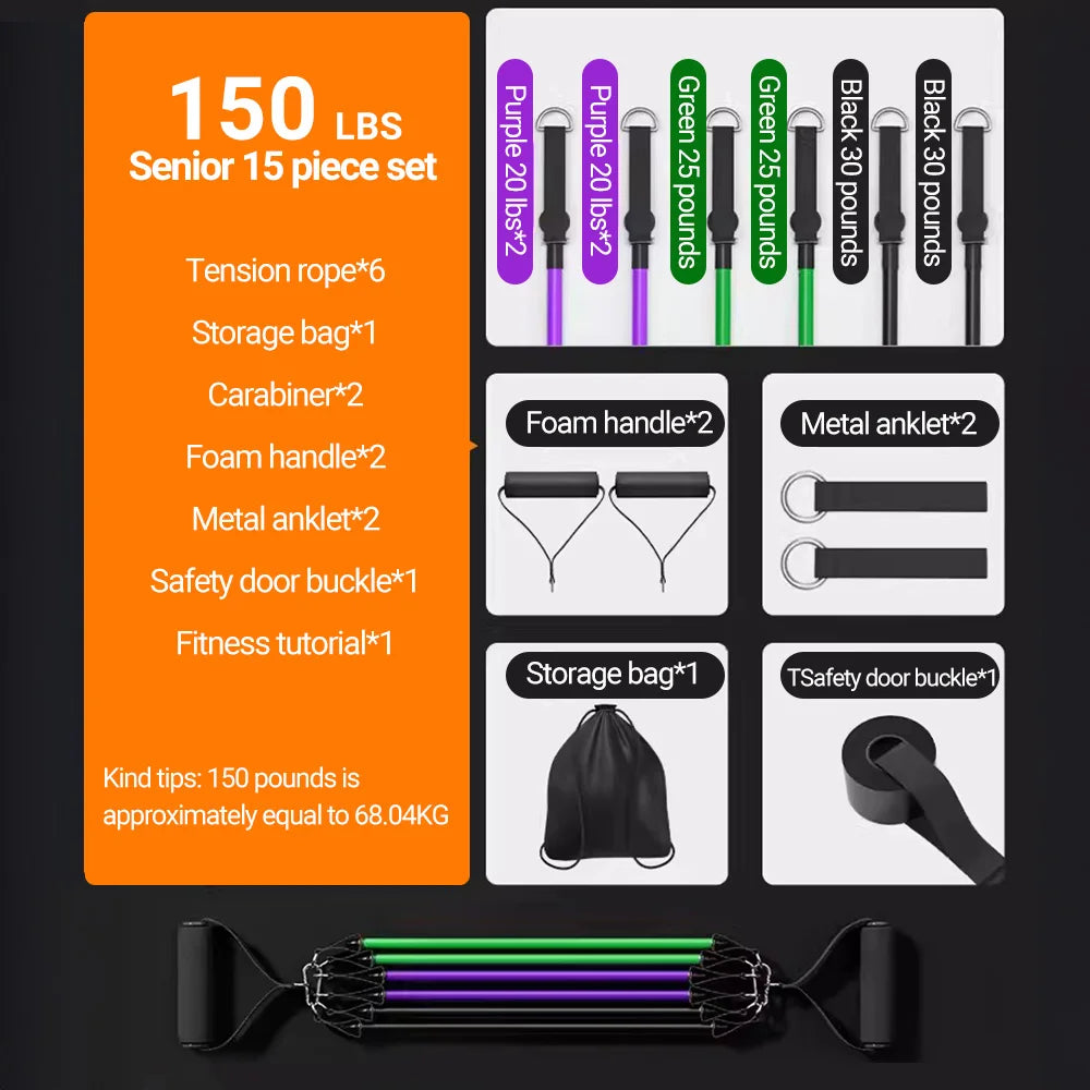 10-14pcs Resistance Bands Set – Pull Rope Muscle Training Belt with Handles, Door Anchor & Carry Bag