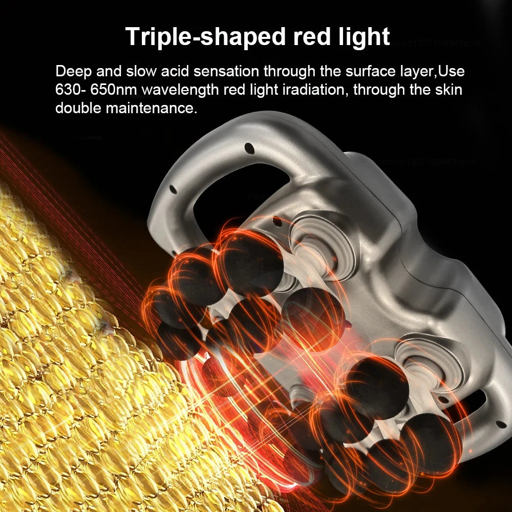 Technical specifications infographic showing 14,400 strikes per minute, 21mm amplitude, and 99 intensity levels