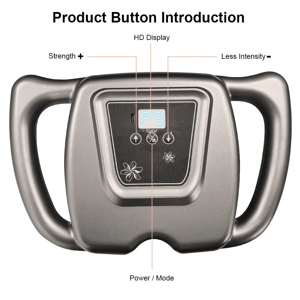 Technical specifications infographic showing 14,400 strikes per minute, 21mm amplitude, and 99 intensity levels