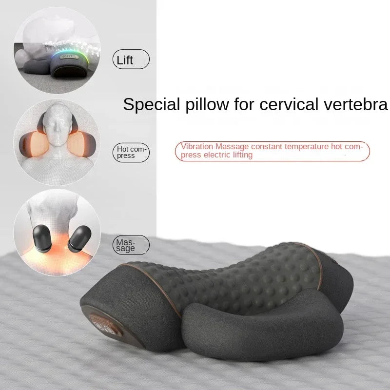 Special pillow for cervical vertebra with massage functions on a bed.