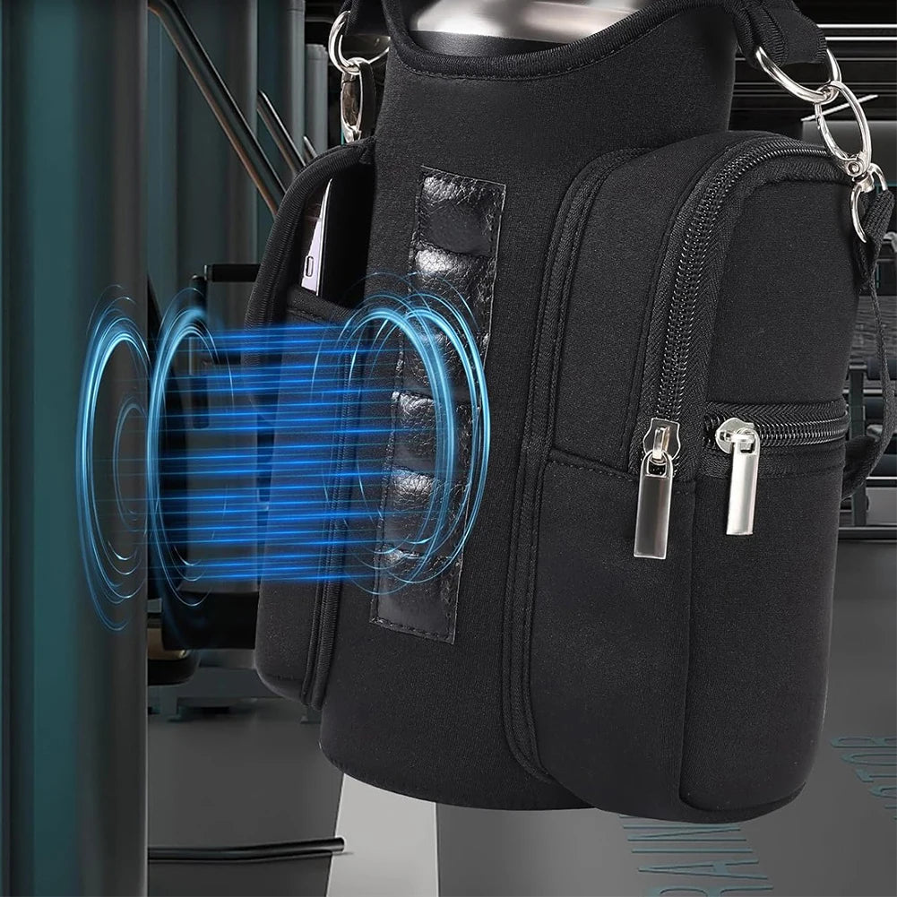 Large water bottle secured in magnetic gym bag central compartment fitting 18-40 oz bottles