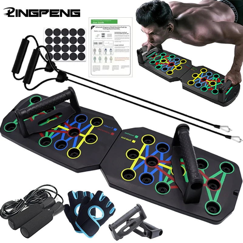 Fitness equipment set with push-up bars, resistance bands, and gloves on a white background.