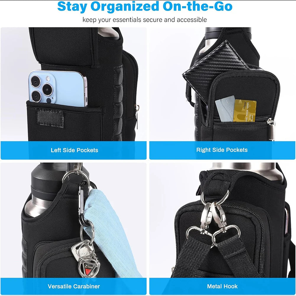 Magnetic water bottle bag shown from multiple angles highlighting compact design and compartment layout