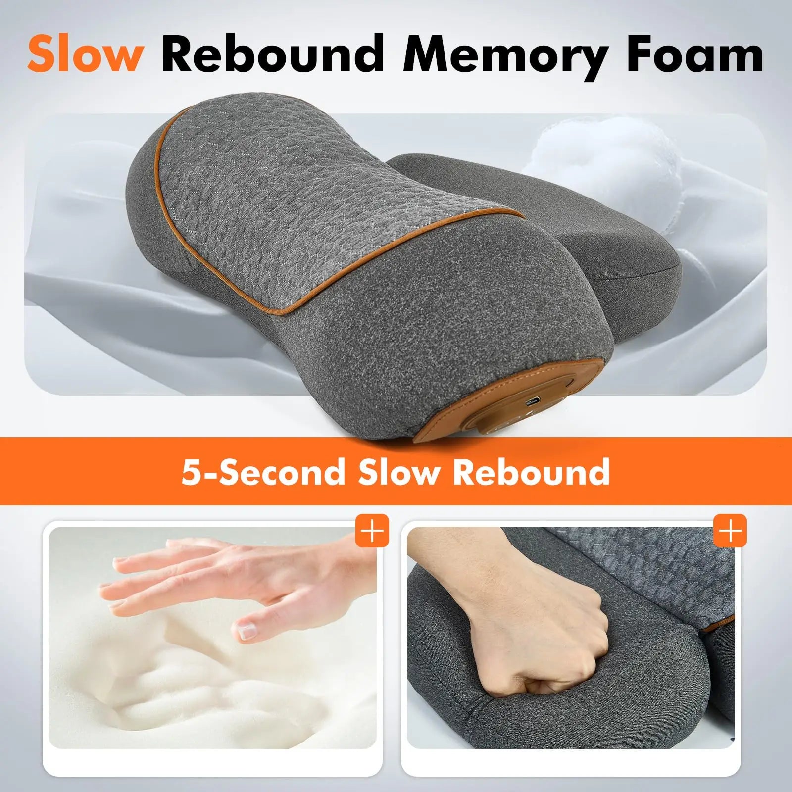 Gray memory foam pillow with text highlighting slow rebound feature, shown on a white background.